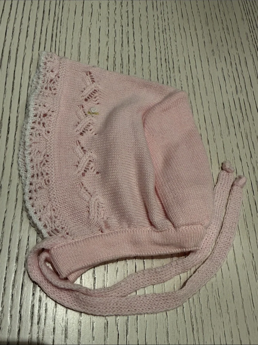 Pair of Pink and White Rose Embroidered Baby Knit Hats - Bonnet and Stretch
